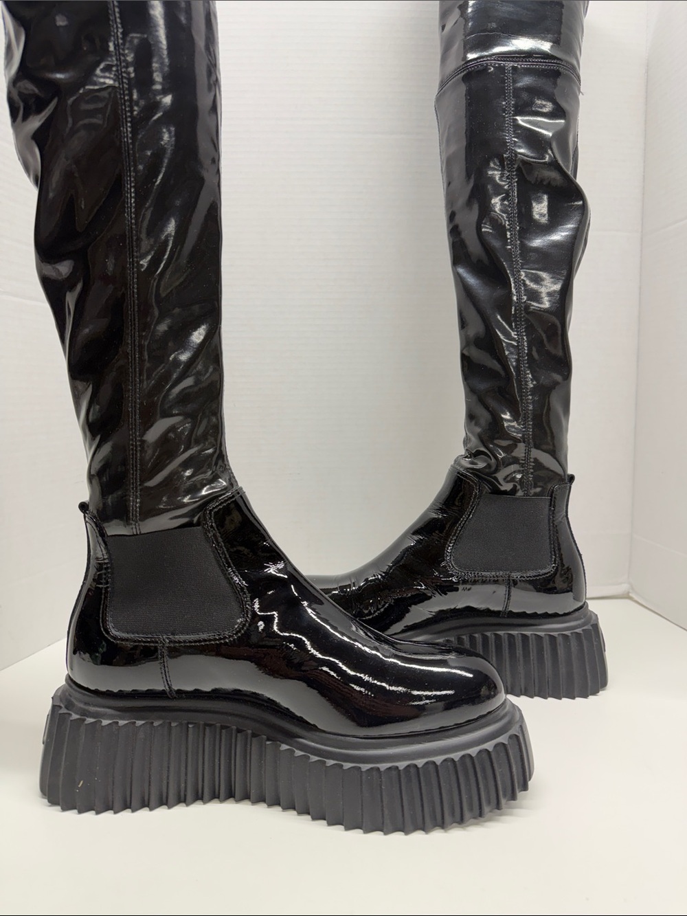AGL Over The Knee Boots Tall Pull On Patent Shiny Leather Stretch Black Size 6.5 - Picture 2 of 9